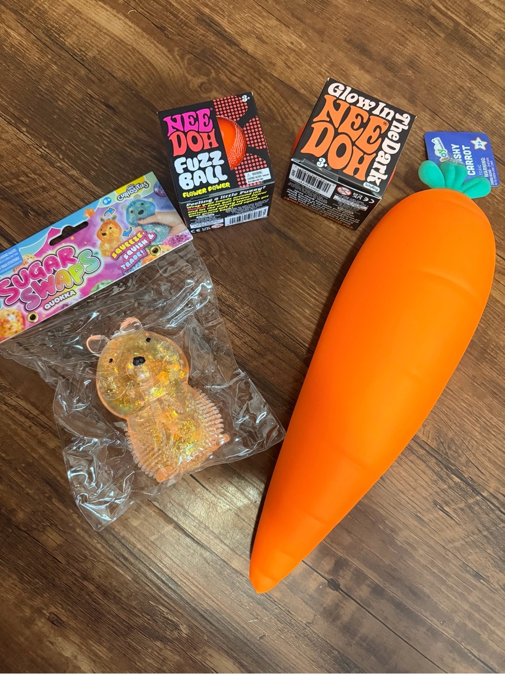 Giant Orange Carrot Squishy Toy with Assorted Fidget Toys and real needohs
